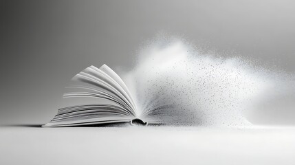 Open book, pages dissolving, knowledge, studio, grey background, education concept
