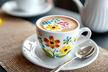 a creamy latte topped with vibrant floral art, elegant spoon on the side, neutral tones