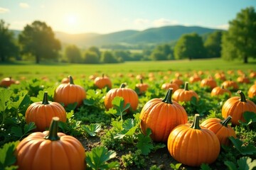Abundant pumpkin patch in a sunny green landscape, squash, landscape