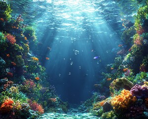 Obraz premium Vibrant coral reef scene with sunlight beams.