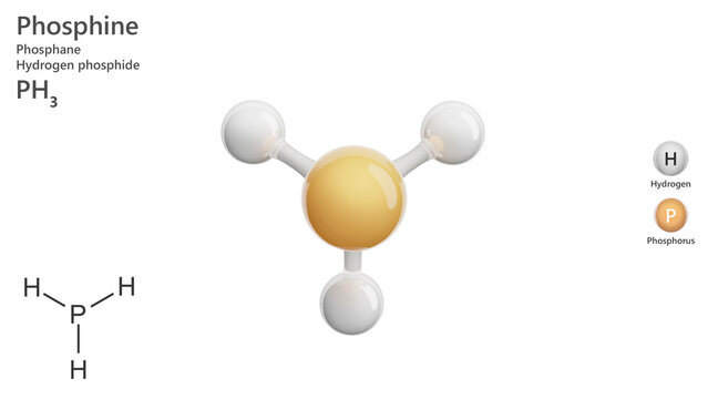 Molecule: Phosphine. Molecular structure. Formula: PH3. Chemical model: Ball and stick. White background. 3D illustration.
