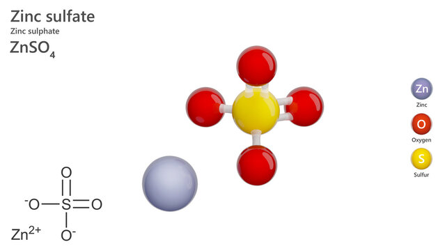 Molecule: Zinc Sulfate. Molecular structure. Formula: ZnSO4. Chemical model: Ball and stick. White background. 3D illustration.