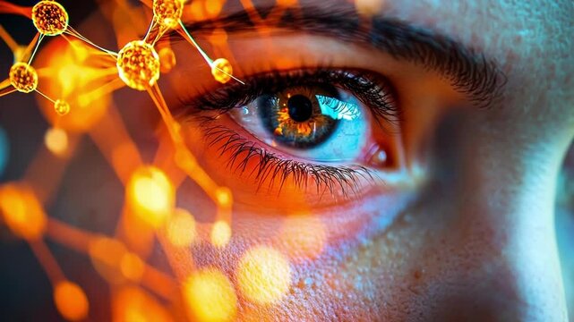 An intense focus on a researchers eyes reflecting the glow of a screen showing AIdriven simulations of chemical reactions highlighting the merging of human intuition and machine learning