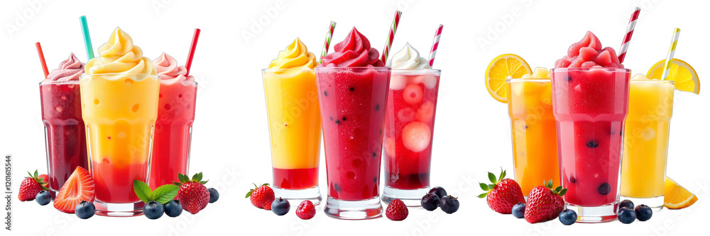 Poster Frozen Fruit Slush And Colorful Cocktail Drinks Are Isolated On A White Background For Visual Effect And Display Purposes. 00001