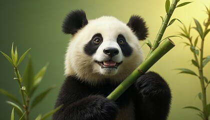 Obraz premium Adorable Panda Cub Holding Bamboo in Lush Green Habitat