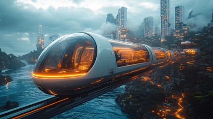 Sleek Sci-Fi Monorail Train in Futuristic Cityscape