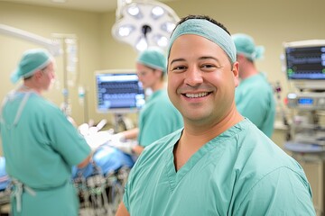 Obraz premium Dynamic image of a surgical team in an operating room, surrounded by high-tech medical tools, capturing teamwork and precision, neutral background