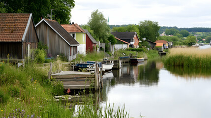 Obraz premium Colorful waterfront houses, calm canal, summer day, rural Sweden, idyllic scene for travel brochures