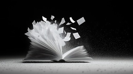 Open book, pages flying, dark background, knowledge concept, education