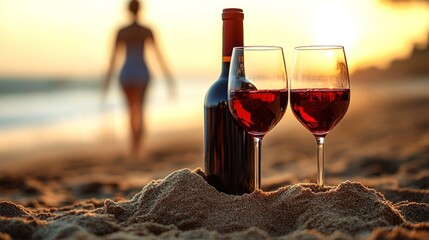 Sunset romance with red wine on the beach as a couple strolls along the shore