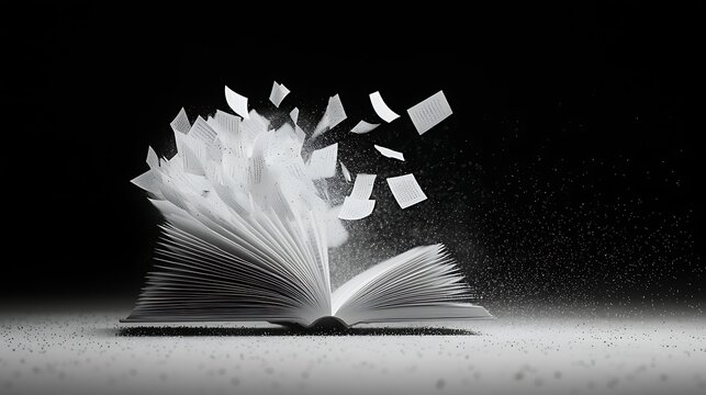 Open book, pages flying, dark background, knowledge concept, education