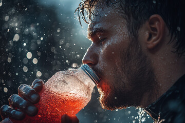 Man drinks sports liquid with passion during his training replenishing hydrati after his high intensity workout