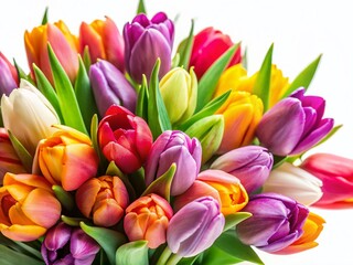 Obraz premium Vibrant Close-Up of Fresh Tulip Bouquet Isolated on White – Stunning Spring Floral Image