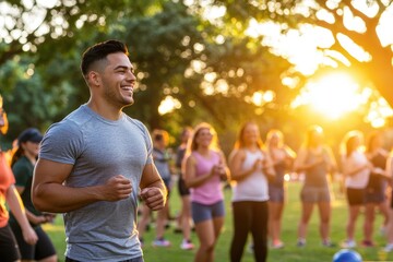 Obraz premium Fitness coach leading a group exercise session outdoors, focusing on community wellness and engagement