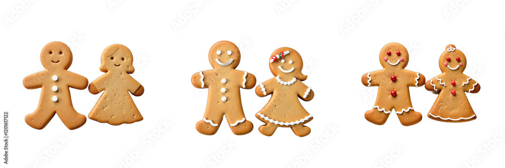 Poster gingerbread man and woman cookie duo sits on a crisp white surface surrounded by empty space to high
