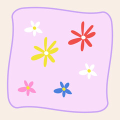 Colorful floral illustration with daisies in pastel colors. Ideal for adding a touch of nature to any design. Great for greeting cards, invitations, and posters