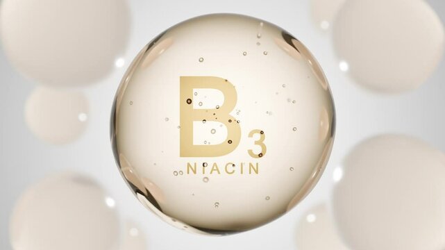 Vitamin B3 niacinamide. Niacin drop pill capsule. B 3 Nicotinamide bubble abstract 3D background