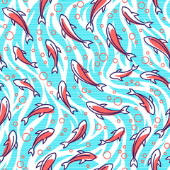 Seamless pattern of swimming fish in red and white tones with bubbles and wavy lines on a striped blue background. Perfect for aquatic-themed designs and products.