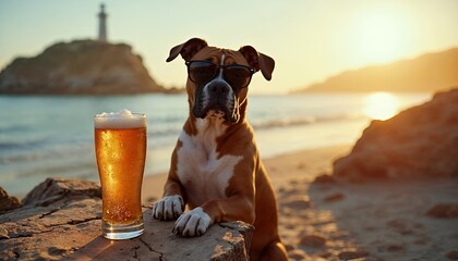 Boxer Dog Beach Sunset Beer Photo