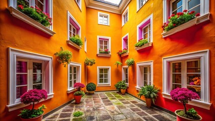 Fototapeta premium Vibrant Courtyard: Colorful Walls & White Windows - Cheerful Stock Photo