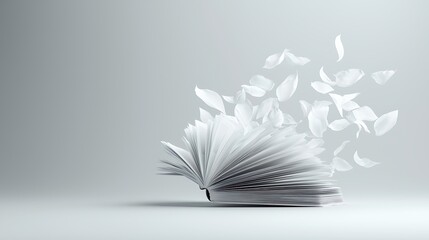 Open book, petals flying, white background, fantasy, education