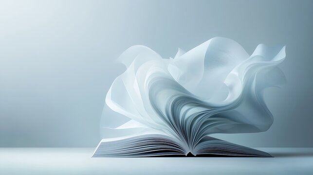 Open book, pages swirling, light background, knowledge concept, education - Powered by Adobe