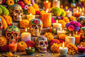 Fototapeta premium Vibrant Day of the Dead Altar with Sugar Skulls and Marigolds - High Depth of Field Stock Photo