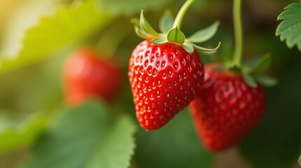 Close up shot of red strawberry fruit hanging from green stem
