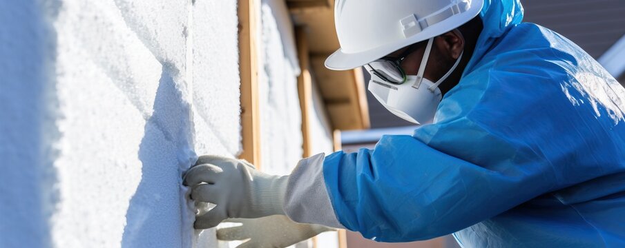 A construction worker applies insulation to a wall while wearing protective gear, highlighting safety and efficiency in building practices.