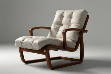 A cozy armchair with a tufted back and seat upholstered in a light colored fabric and resting on a dark wooden frame