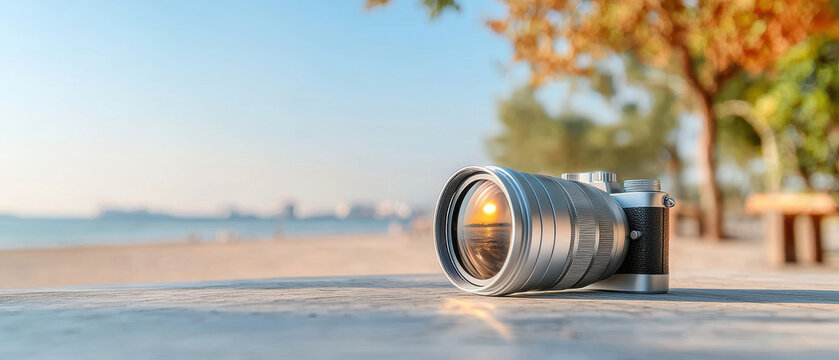 camera resting on table, capturing serene beach scene at sunrise