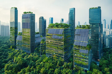 Obraz premium Green high rise buildings with solar facades stand tall, showing hopeful sustainable living for city of future