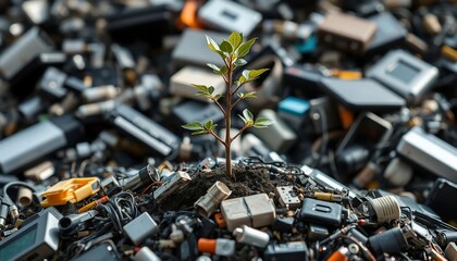 Sprout of Hope: A resilient young plant bravely emerges from a pile of discarded electronic waste, symbolizing renewal, sustainability.