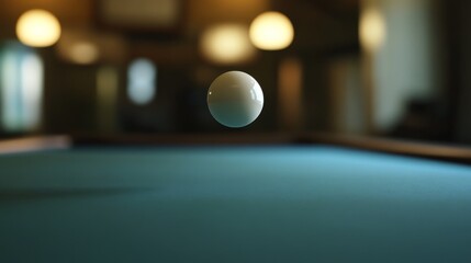 Pool Ball Suspended Above Billiard Table in Club Setting