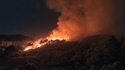 Fototapeta premium Raging Wildfire Through Maribous Jungle at Night