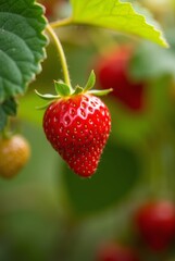 Close up shot of red strawberry fruit hanging from green stem