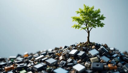 Green Shoots of Renewal: A vibrant green tree sprouts from a pile of discarded electronic waste, symbolizing environmental regeneration, sustainability, and the potential for technological reuse.
