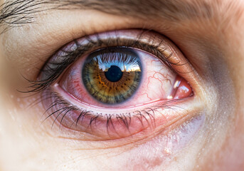 Obraz premium Red irritated eye showing inflammation and blood vessels, possibly due to conjunctivitis or other eye conditions
