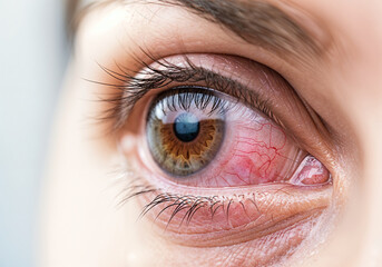 Red irritated eye showing symptoms of conjunctivitis or other eye disease