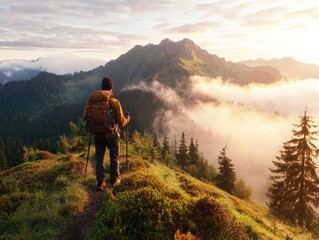 Adventurous hiker on mountain trail overlooking misty valleys with sunrise illuminating peaks in beautiful wilderness landscape
