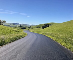 Fototapeta premium Serpentine road winding through lush green hills on a sunny day in the countryside