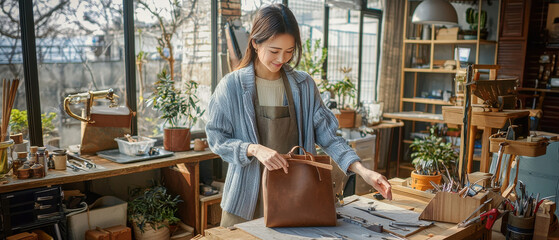 woman carefully organizes tools while crafting leather bag in cozy workshop