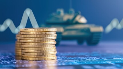 Gold coins stack representing military budget increasing with graph showing growth
