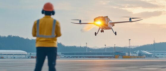 Innovative cargo drone flying over worker at airport during sunset