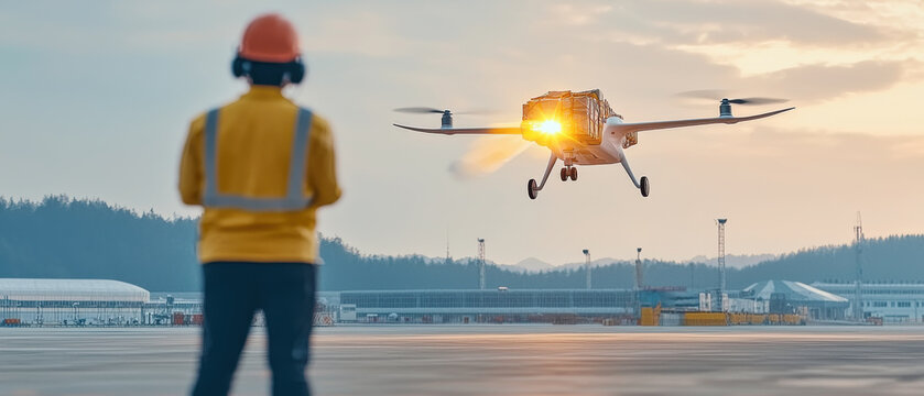 Innovative cargo drone flying over worker at airport during sunset