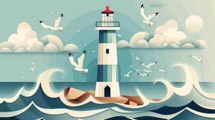 A stylized lighthouse amidst turbulent waves and flying seagulls, symbolizing guidance and safety.