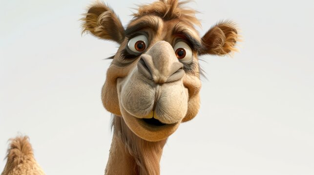 A charming cartoon camel with floppy ears and a fluffy hump, smiling mischievously with tiny teeth, its sandy fur adding to its playful charm.