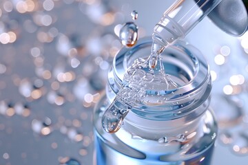 A close-up of a dropper dispensing liquid from a glass vial, surrounded by sparkling droplets, with a soft blue background.