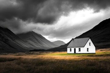 isolated farmhouse set against a backdrop of towering clouds and a moody sky
