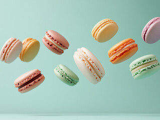 Colorful macarons floating against a light background